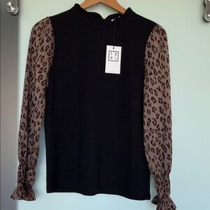 THML Black Blouse with Animal Print Sleeves